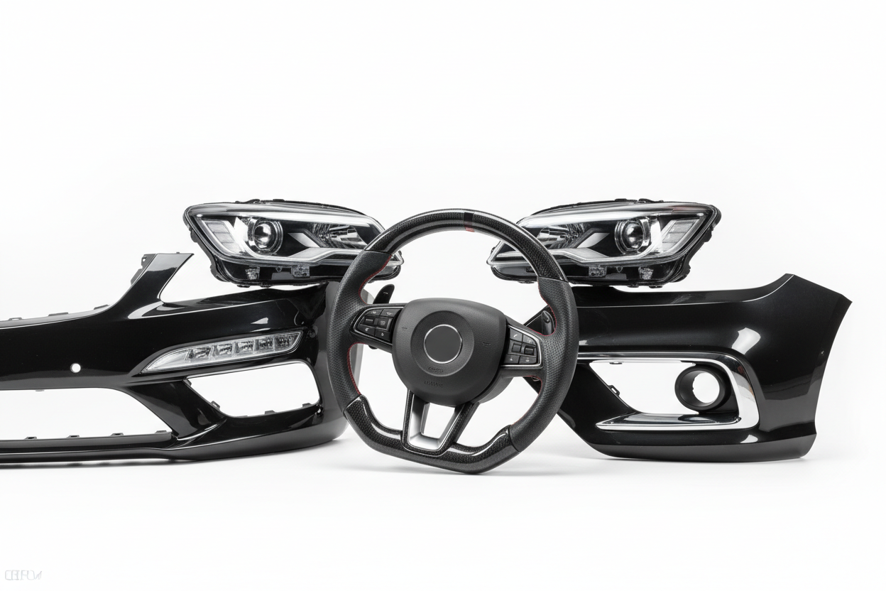 in a white background add steering wheel , bumbers , headlights all combined in one photo with white background looks profesional